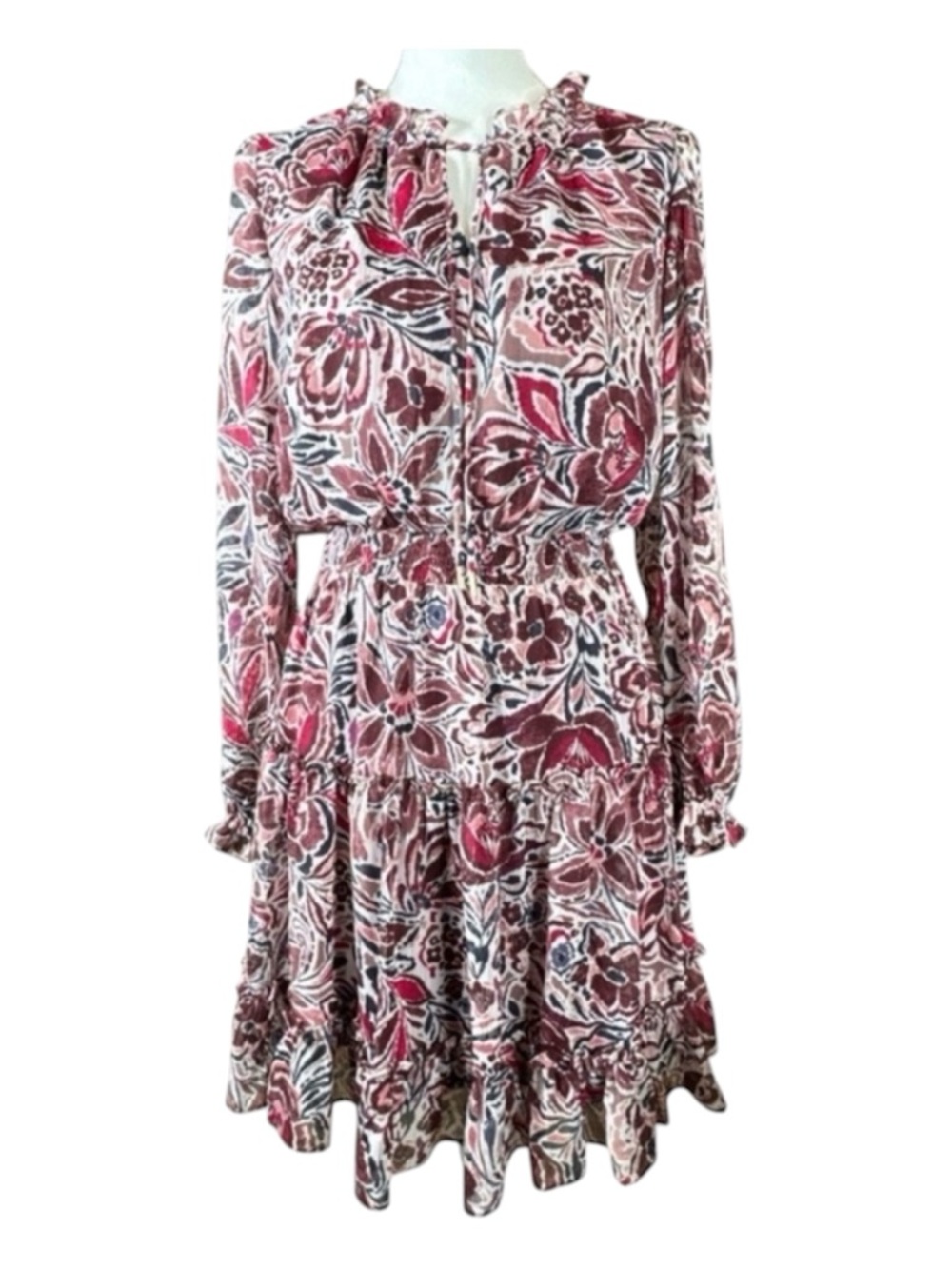 SKIES ARE BLUE Mini Dress, Long Sheer Sleeves, Smocked Waist, Size S.